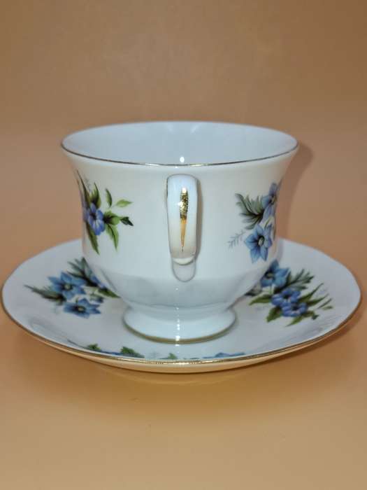 Vintage Queen Anne Fine Bone China - Cup & Saucer Duo - Beautiful Blue Flower Design