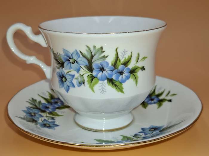 Vintage Queen Anne Fine Bone China - Cup & Saucer Duo - Beautiful Blue Flower Design