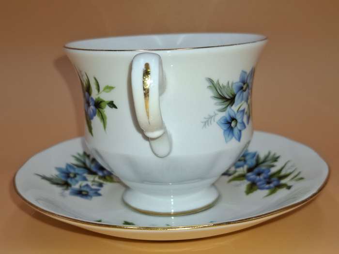 Vintage Queen Anne Fine Bone China - Cup & Saucer Duo - Beautiful Blue Flower Design