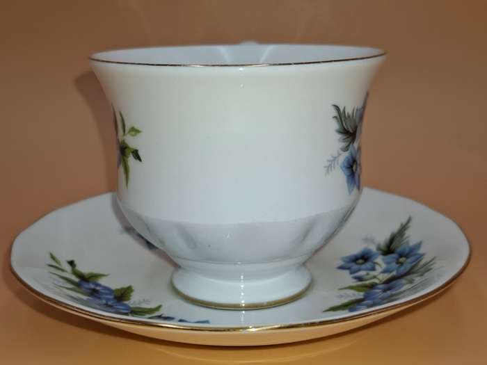 Vintage Queen Anne Fine Bone China - Cup & Saucer Duo - Beautiful Blue Flower Design