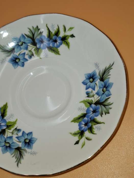 Vintage Queen Anne Bone China Teacup Saucer - Blue Floral & Gold Trim