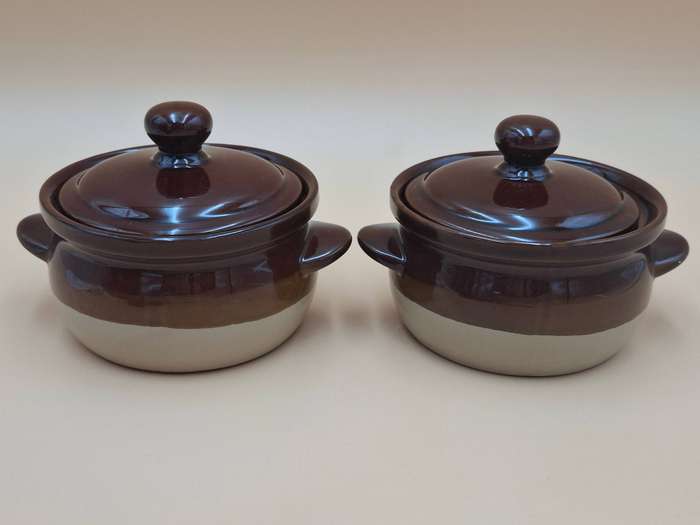 Vintage Glazed Terracotta Casserole Dishes - Brown Two Tone Duo - Oven Proof - Made in Japan