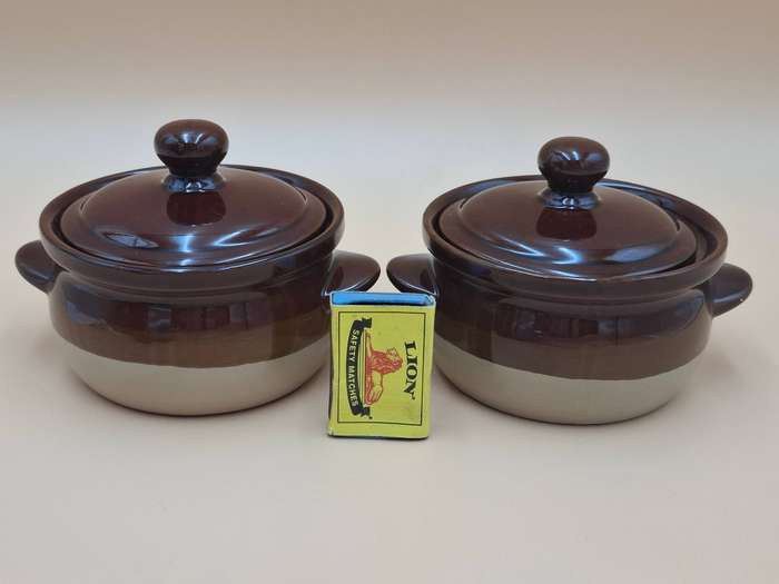 Vintage Glazed Terracotta Casserole Dishes - Brown Two Tone Duo - Oven Proof - Made in Japan