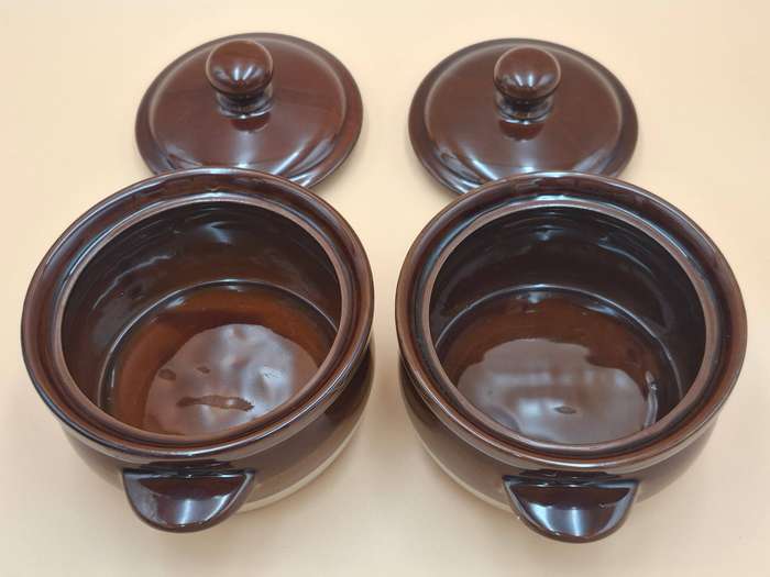 Vintage Glazed Terracotta Casserole Dishes - Brown Two Tone Duo - Oven Proof - Made in Japan