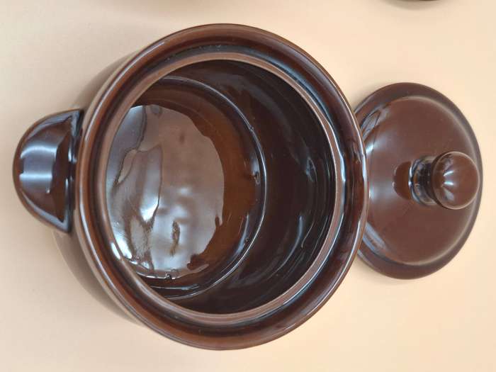 Vintage Glazed Terracotta Casserole Dishes - Brown Two Tone Duo - Oven Proof - Made in Japan