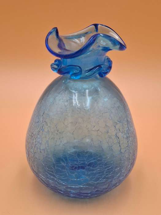 Vintage Blue Crackle Art Glass Decanter with Ruffle Rim