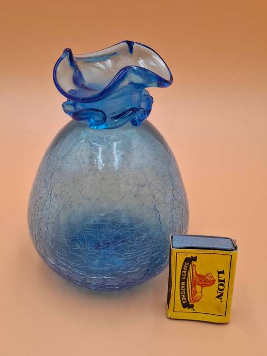Vintage Blue Crackle Art Glass Decanter with Ruffle Rim