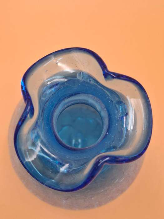 Vintage Blue Crackle Art Glass Decanter with Ruffle Rim