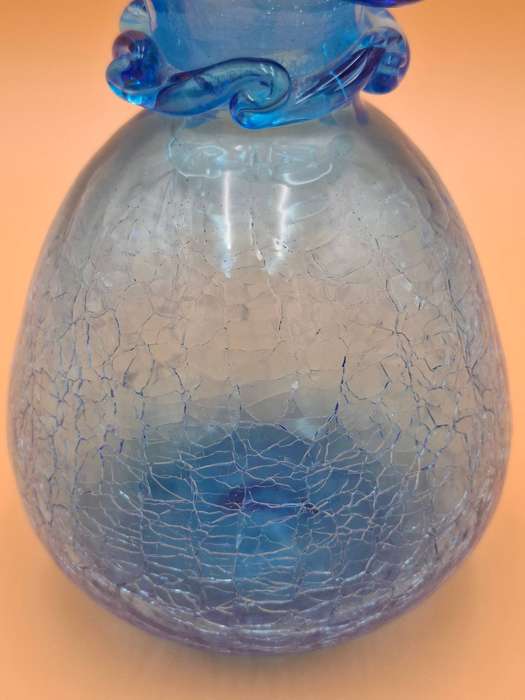 Vintage Blue Crackle Art Glass Decanter with Ruffle Rim