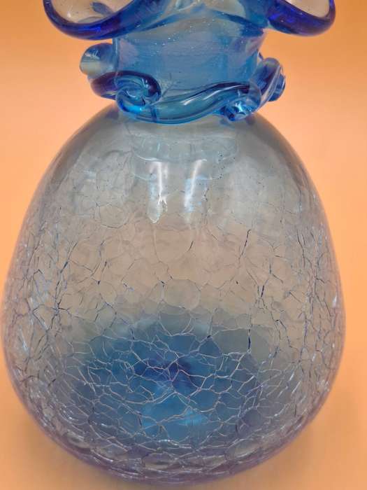 Vintage Blue Crackle Art Glass Decanter with Ruffle Rim