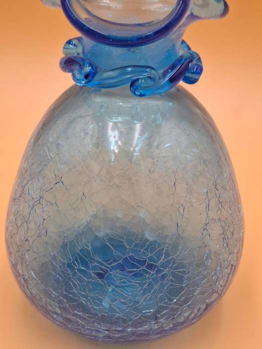 Vintage Blue Crackle Art Glass Decanter with Ruffle Rim