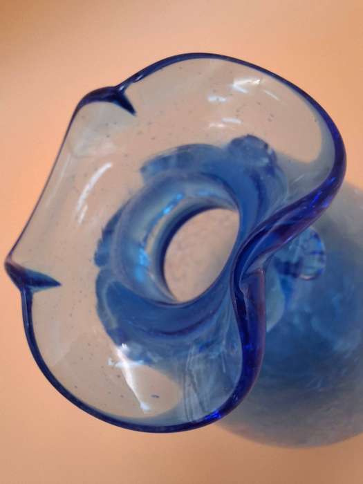 Vintage Blue Crackle Art Glass Decanter with Ruffle Rim