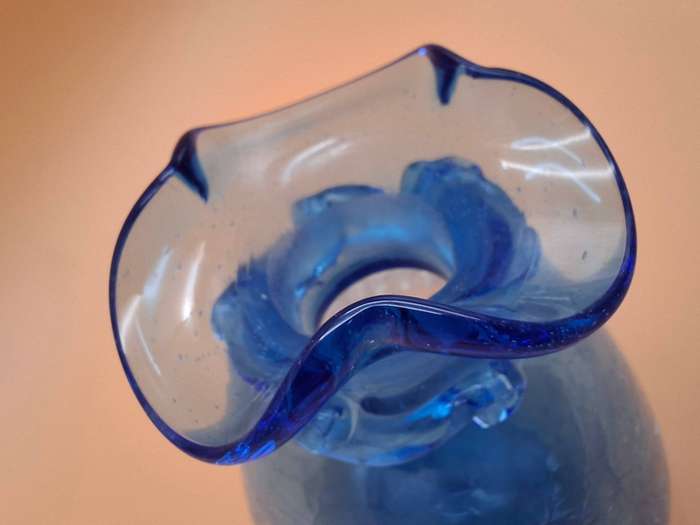 Vintage Blue Crackle Art Glass Decanter with Ruffle Rim