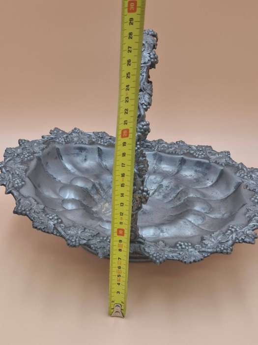 Antique Pewter Fruit Basket with Vine Leaf and Grape Relief Design
