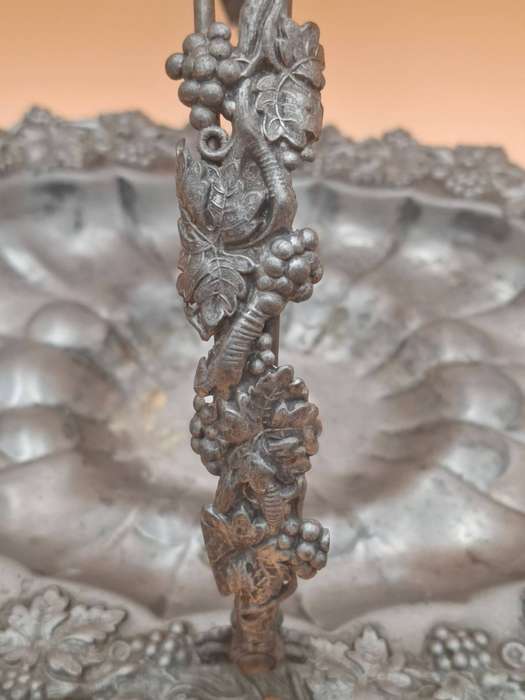 Antique Pewter Fruit Basket with Vine Leaf and Grape Relief Design