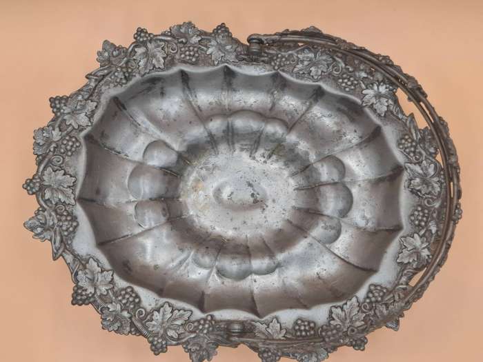 Antique Pewter Fruit Basket with Vine Leaf and Grape Relief Design