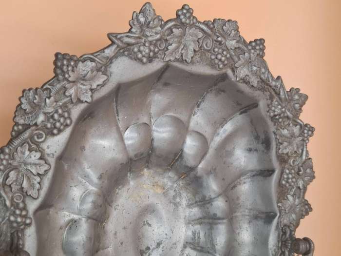 Antique Pewter Fruit Basket with Vine Leaf and Grape Relief Design