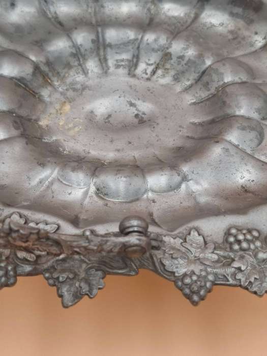 Antique Pewter Fruit Basket with Vine Leaf and Grape Relief Design