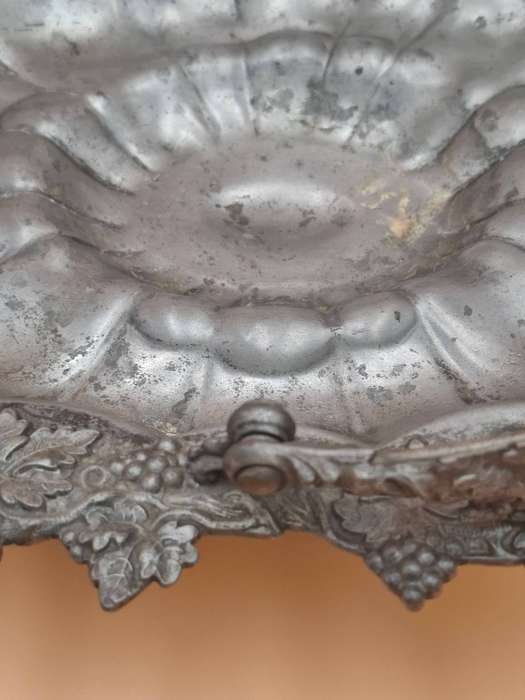 Antique Pewter Fruit Basket with Vine Leaf and Grape Relief Design