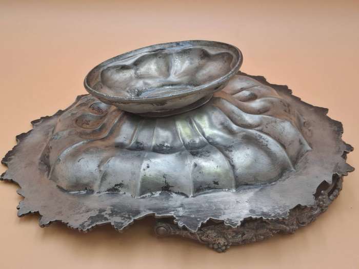 Antique Pewter Fruit Basket with Vine Leaf and Grape Relief Design