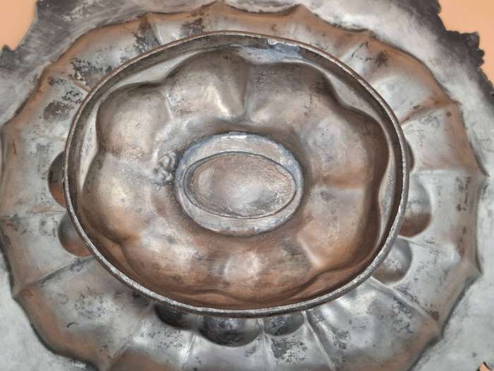 Antique Pewter Fruit Basket with Vine Leaf and Grape Relief Design
