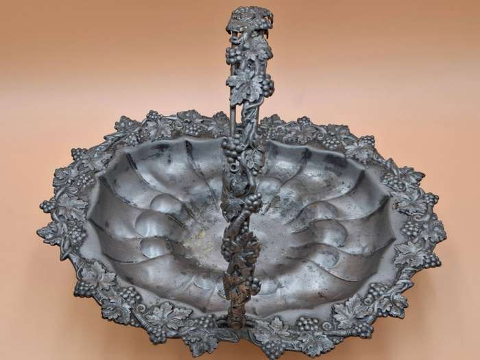 Antique Pewter Fruit Basket with Vine Leaf and Grape Relief Design