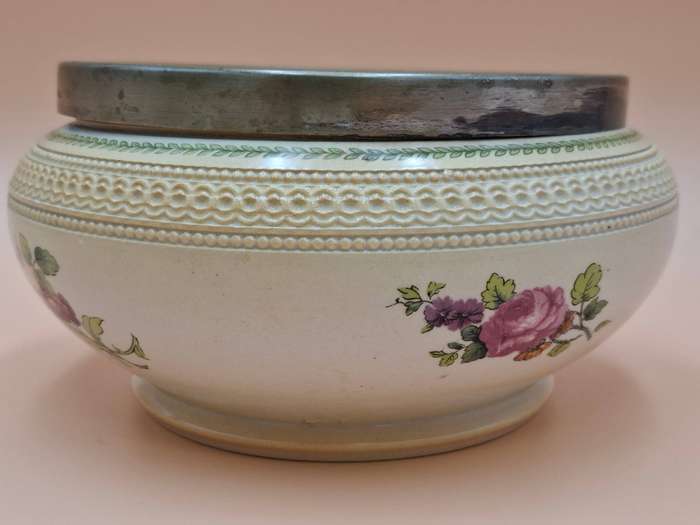 Vintage English EPNS Silver Plated Metal Rimmed Large Peach English Rose Bowl circa 1950's