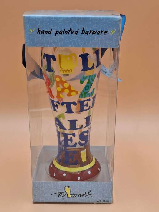 Hand Painted New Colourful Beer Glass in Original Packaging & Vintage Bar Accessories