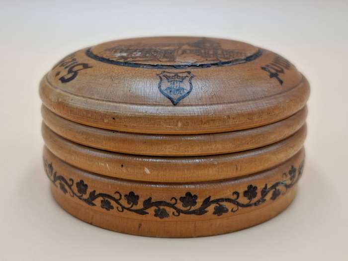 Vintage Wooden Engraved Mauchline Ware Storage Container - Made in Germany - For sewing supplies