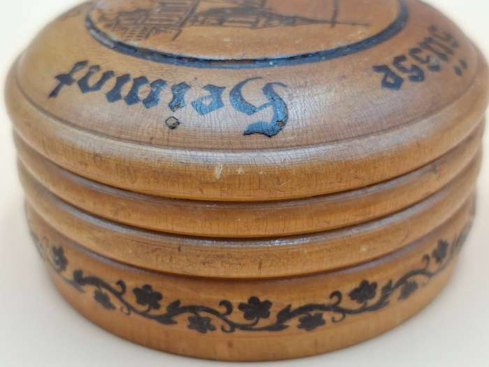 Vintage Wooden Engraved Mauchline Ware Storage Container - Made in Germany - For sewing supplies
