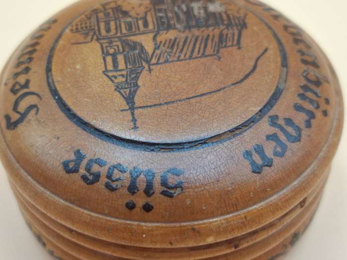 Vintage Wooden Engraved Mauchline Ware Storage Container - Made in Germany - For sewing supplies