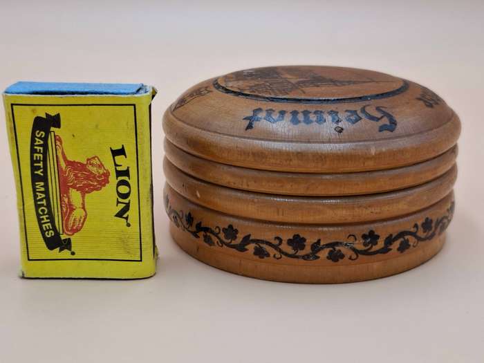 Vintage Wooden Engraved Mauchline Ware Storage Container - Made in Germany - For sewing supplies