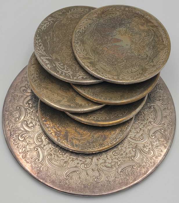 Vintage Silver Plated Drinks Placemats x 6 & Larger Placemat x 1 - Aged Patina