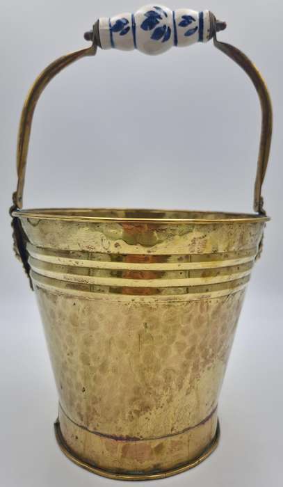 Vintage Brass Bucket with a Delft Style Blue & White Ceramic Handle - Lion's Head detail