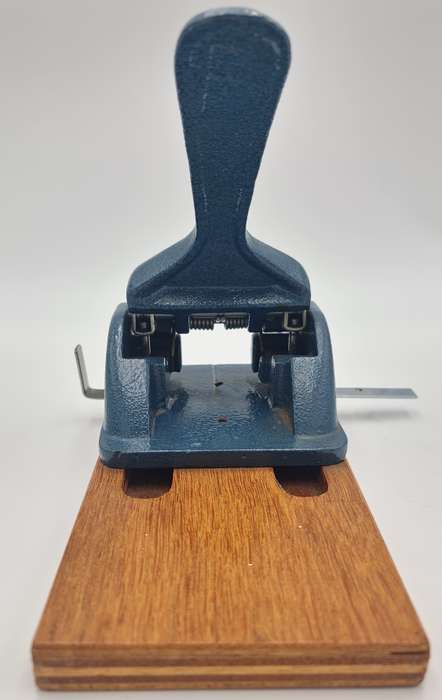 Vintage Industrial Metal Punch with Wooden Base