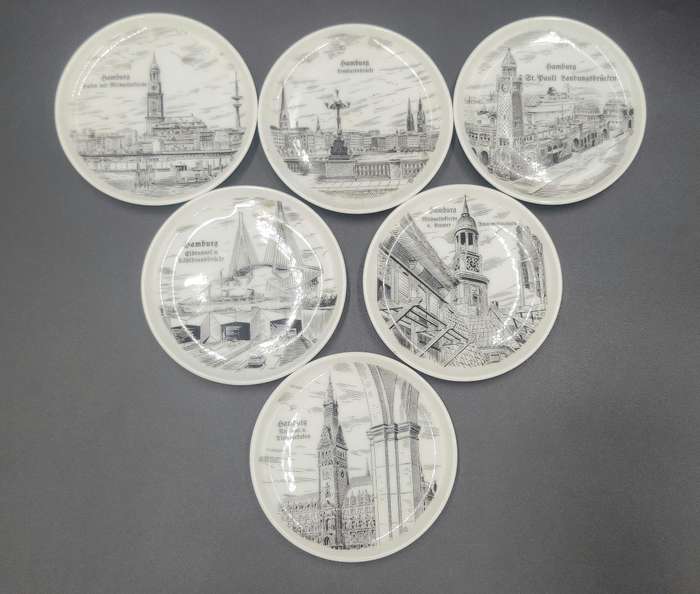 6 x Vintage Mini Porcelain Plates - collectors plates featuring sketches of Hamburg, Germany