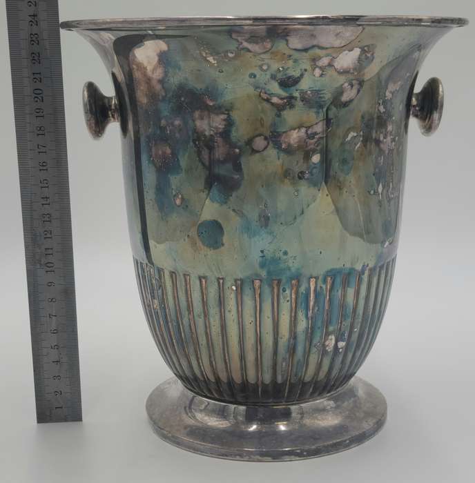 Vintage Silver Plated Ice Bucket with Round Handles and Fluted Pattern on Base