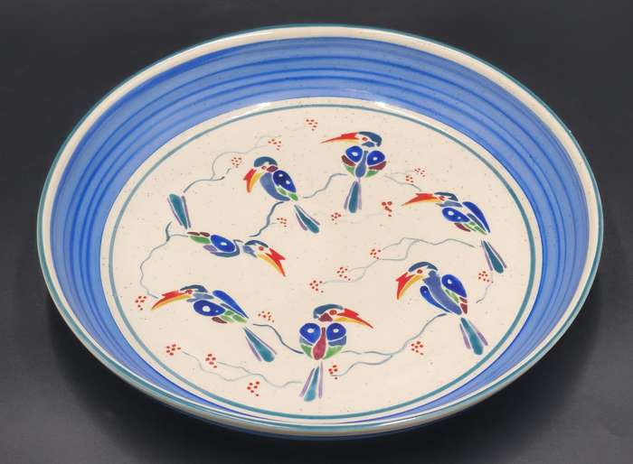 Lindy Barletta Ceramics - Platter with spoonbill birds pattern and blue interior rim - Unique !!