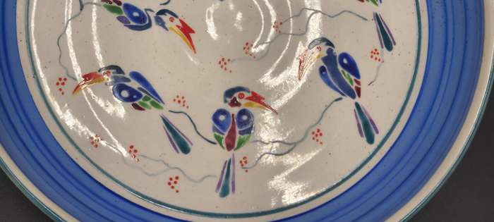 Lindy Barletta Ceramics - Platter with spoonbill birds pattern and blue interior rim - Unique !!