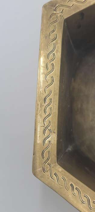 Large Antique Etched Brass Chinese Pedestal Bowl - 13cm H x 23.5cm diameter - Hexagon shape