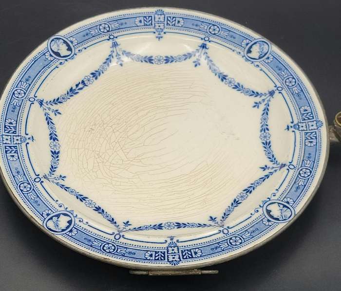 Antique Wedgwood Adelphi Blue Plate set into a metal warming pan with Cover