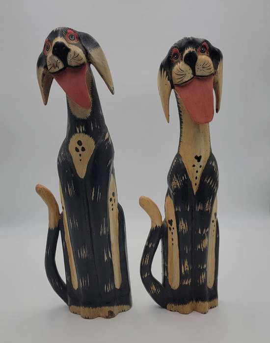 Pair of Vintage Wooden Carvings of Happy Dogs - Wall Hanging/Standing Figurines - 48cm high