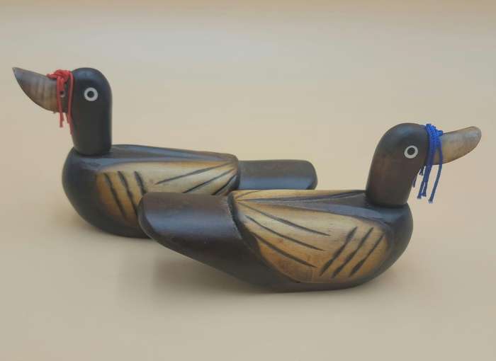 Vintage Pair of Carved Wood Traditional Korean Wedding Ducks "Kirogi"