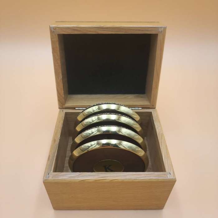 Vintage Brass & Leather with Cork Base Coaster Set of 4 in A Solid Oak Case