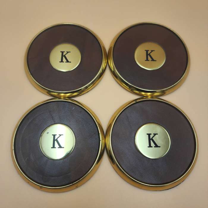 Vintage Brass & Leather with Cork Base Coaster Set of 4 in A Solid Oak Case