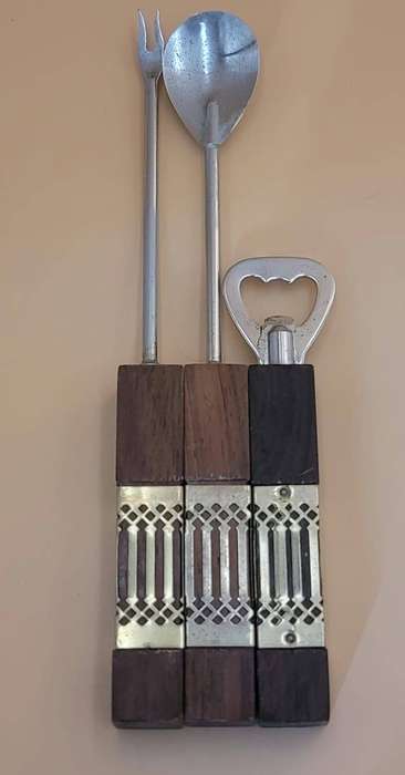 Vintage Set of Bar Accessories - two pronged fork, spoon & bottle opener with wood & brass detail
