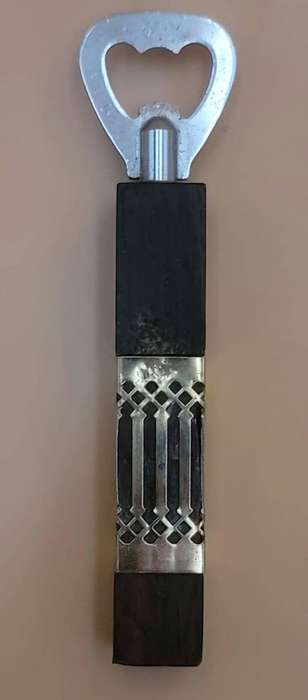 Vintage Set of Bar Accessories - two pronged fork, spoon & bottle opener with wood & brass detail