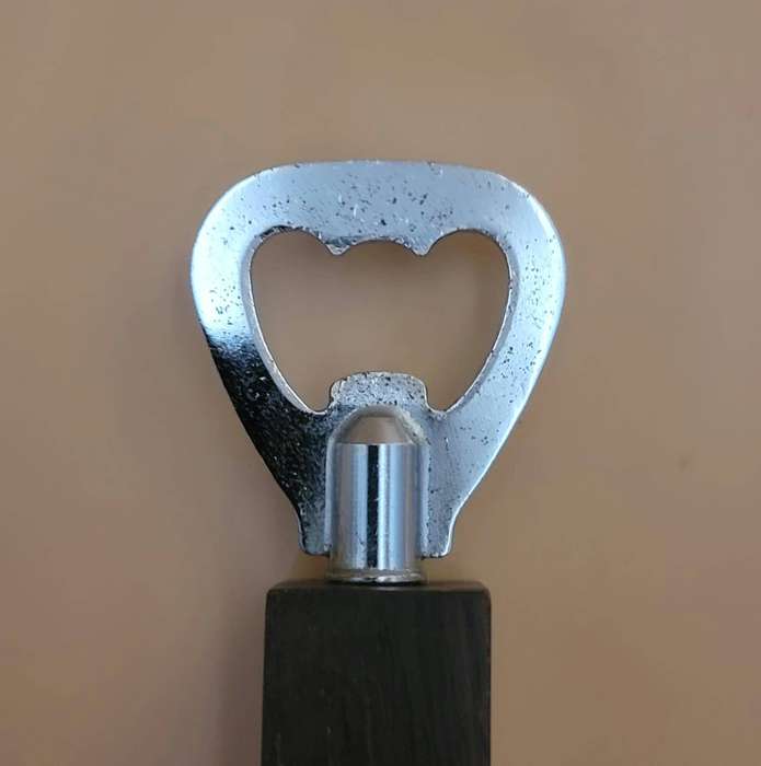 Vintage Set of Bar Accessories - two pronged fork, spoon & bottle opener with wood & brass detail