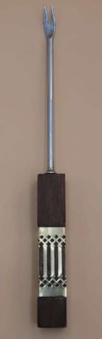 Vintage Set of Bar Accessories - two pronged fork, spoon & bottle opener with wood & brass detail