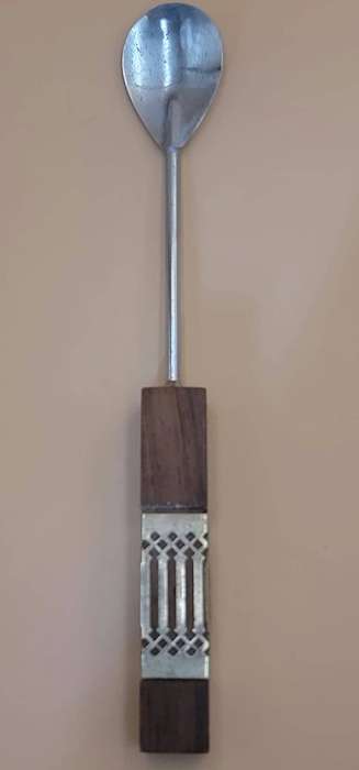 Vintage Set of Bar Accessories - two pronged fork, spoon & bottle opener with wood & brass detail